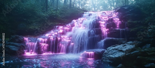 Wallpaper Mural Captivating scene of an enchanting waterfall cascading through a lush mystical forest landscape with glowing lights and mist creating a surreal dreamlike atmosphere Torontodigital.ca