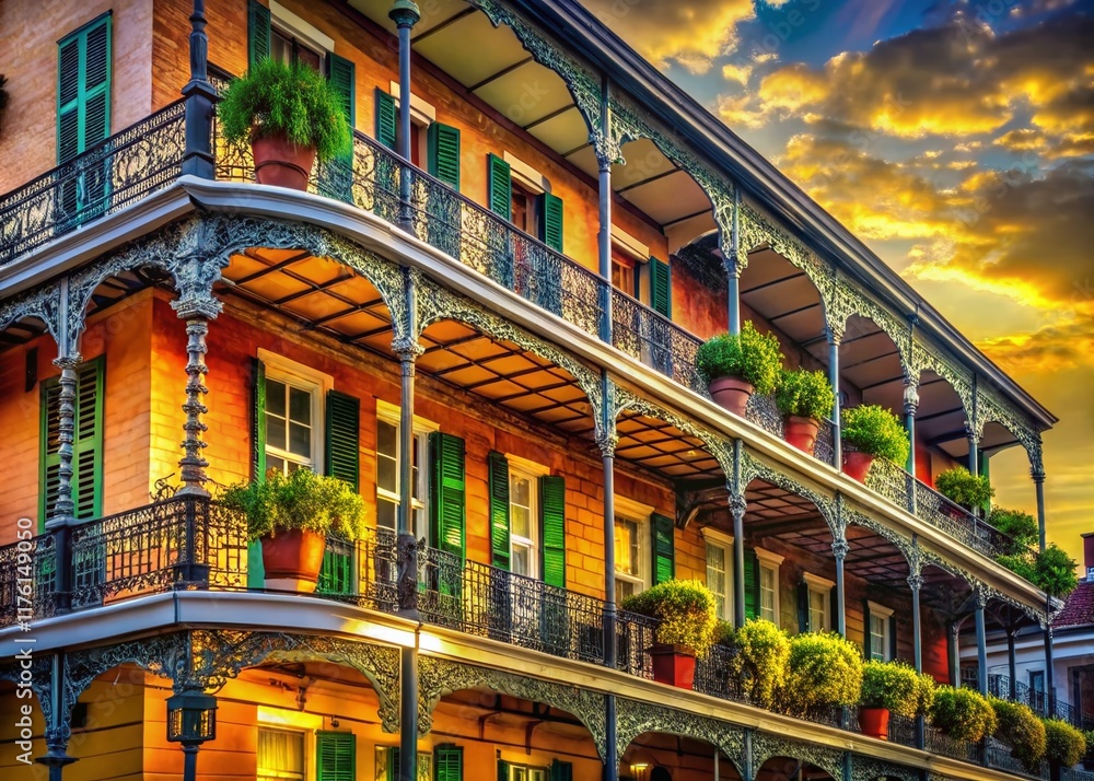 Fototapeta premium 18th Century Spanish Colonial Architecture, French Quarter, New Orleans, Cast Iron Balcony, Louisiana