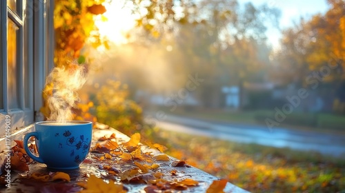Steam rises from a blue mug of hot drink on a windowsill with autumn leaves and a sunlit street view.