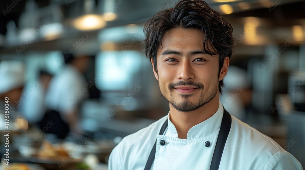 Naklejka premium Smiling Chef in Modern Kitchen Showcasing Culinary Skills