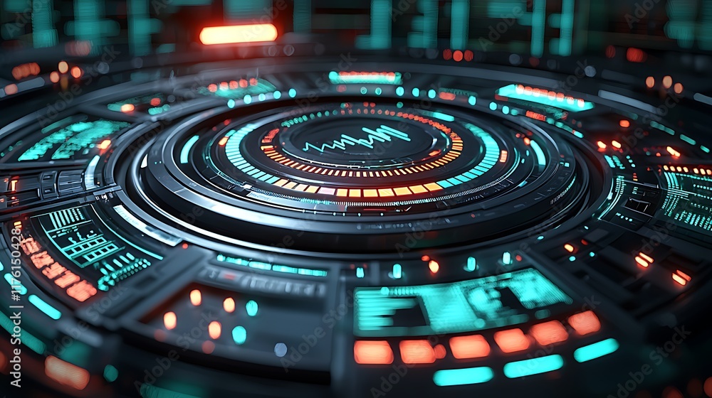 Obraz premium Futuristic tech interface, glowing circular console, dark background, possible use in sci-fi advertisement