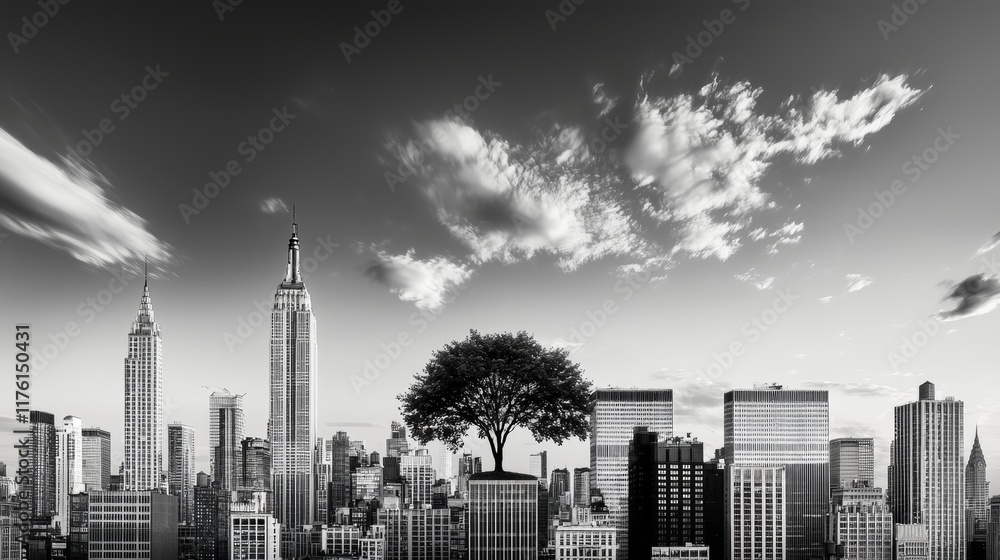 Fototapeta premium Abstract black-and-white skyline with a single tree emerging from dense structures, portraying nature's resilience within urban landscapes