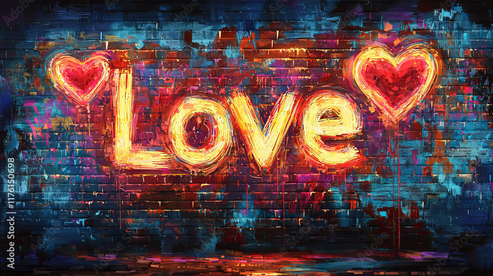 Glowing Hearts and Love Graffiti Art on Colorful Brick Wall Concept of Romantic Expression, Urban Street Art, Passion, and Inspiration. Valentine's Day Glowing Hearts and Love Graffiti Art on Colorful Brick Wall Concept of Romantic Expression, Urban Street Art, Passion, and Inspiration. Valentine's Day