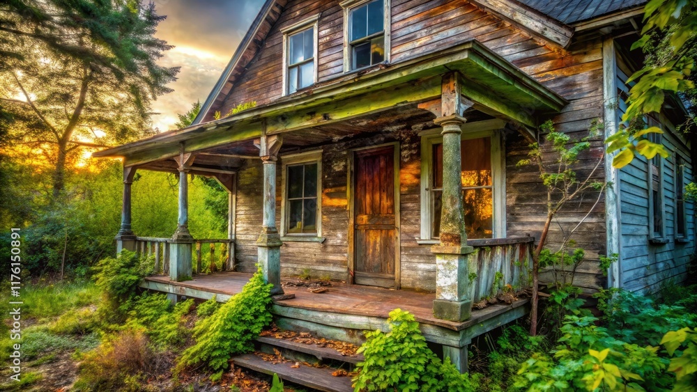 Abandoned Weathered Wooden House, Rustic Porch, Peeling Paint, Dirty Windows - Old House Photography Abandoned Weathered Wooden House, Rustic Porch, Peeling Paint, Dirty Windows - Old House Photography