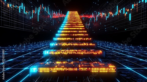 Illuminated stairs to success, financial data background, digital growth concept, stock photo