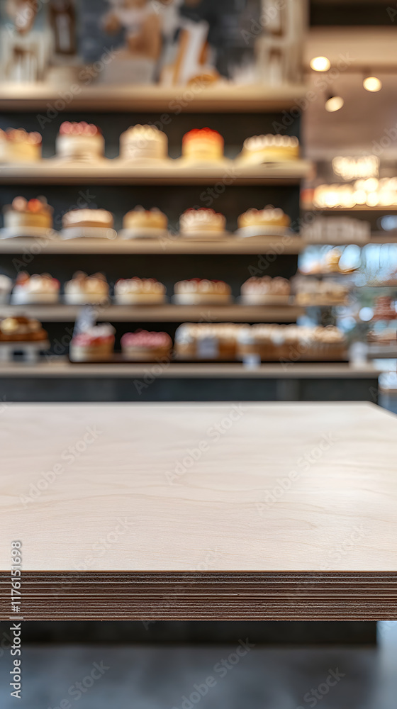 Plywood Surface and Blurred Bakery Display Plywood Surface and Blurred Bakery Display