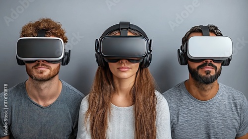 Three diverse people wearing VR headsets.