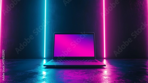 Laptop screen neon light studio background tech