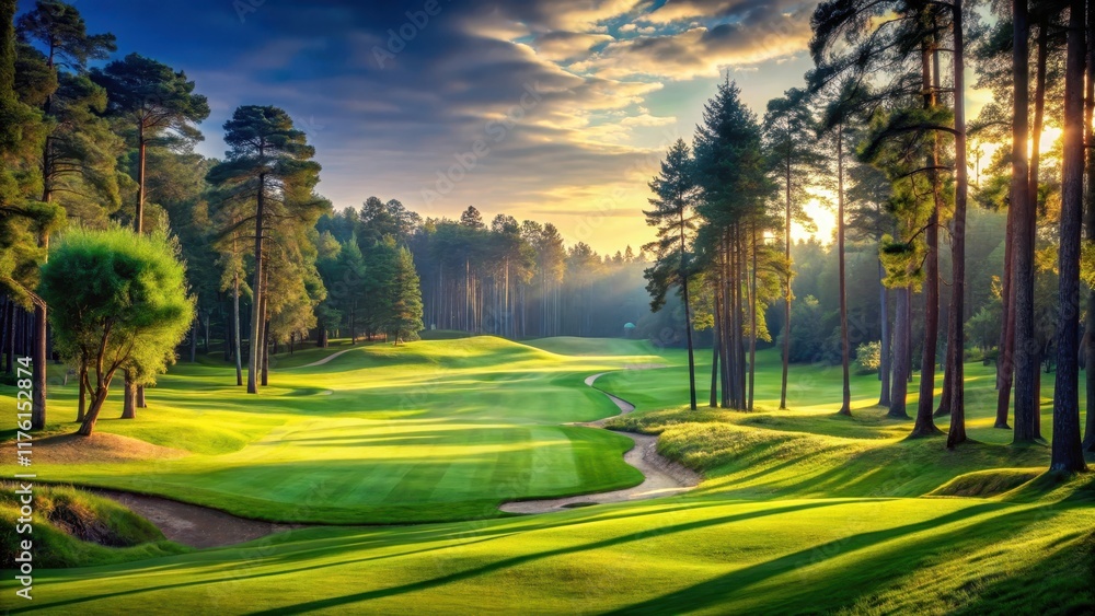Obraz premium A serene green grass and woodland landscape on a golf field with tall trees and a winding path leading to a picturesque hole , nature, forest