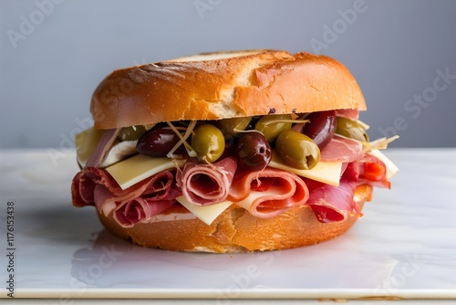 Muffuletta Sandwich with Deli Ingredients Isolated on White photo