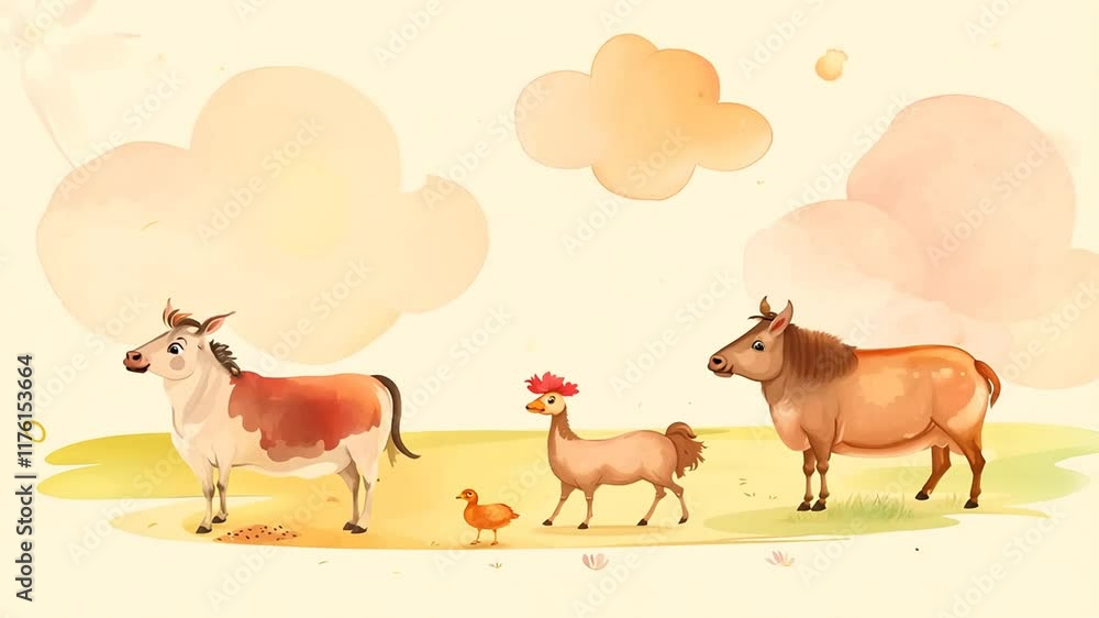 donkey cow animals watercolor farm duck illustration pig chicken ...