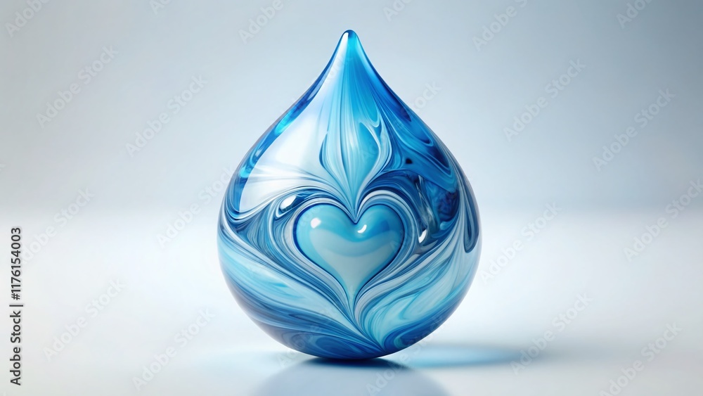 Obraz premium Abstract Heart-Shaped Blue Liquid Drop 3D Render, Creamy White Background - Stock Photo