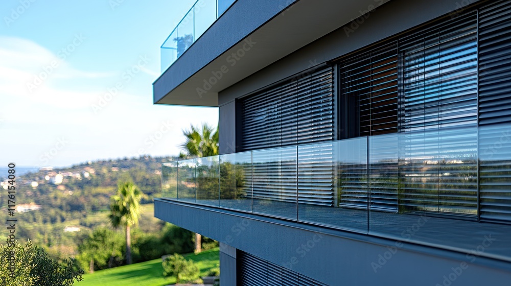 Naklejka premium Modern architectural design featuring a sleek balcony and scenic hillside view.