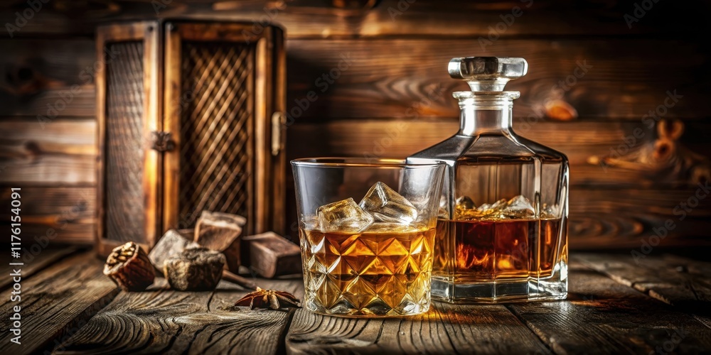 A glass of clear whiskey with ice sits in a decanter on a wooden table, surrounded by the rich aromas of aged wood and leather, decanter, luxury setup A glass of clear whiskey with ice sits in a decanter on a wooden table, surrounded by the rich aromas of aged wood and leather, decanter, luxury setup