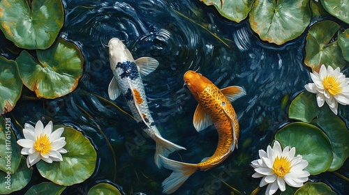 Two Koi fish swim in a pond among lily pads and flowers.