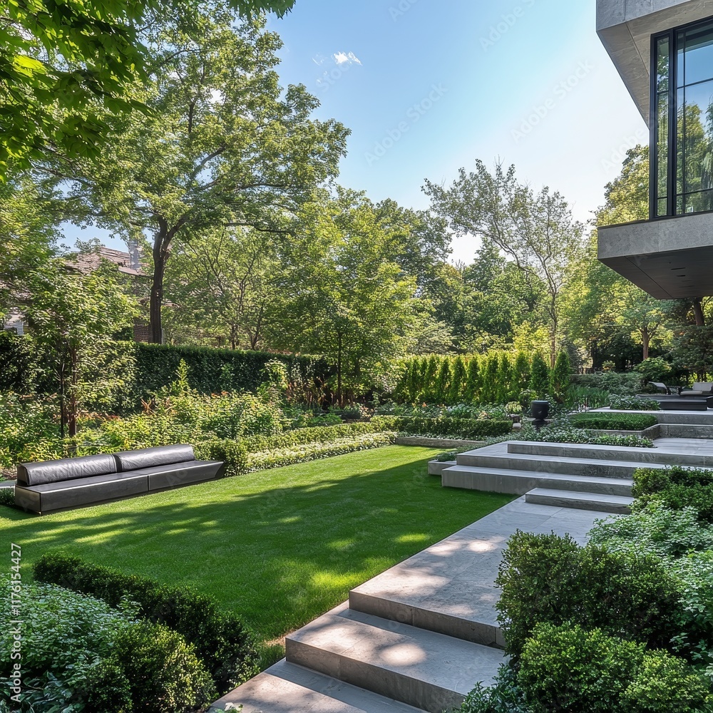 Modern backyard landscape design with lush greenery, stone steps, and seating area. Modern backyard landscape design with lush greenery, stone steps, and seating area.