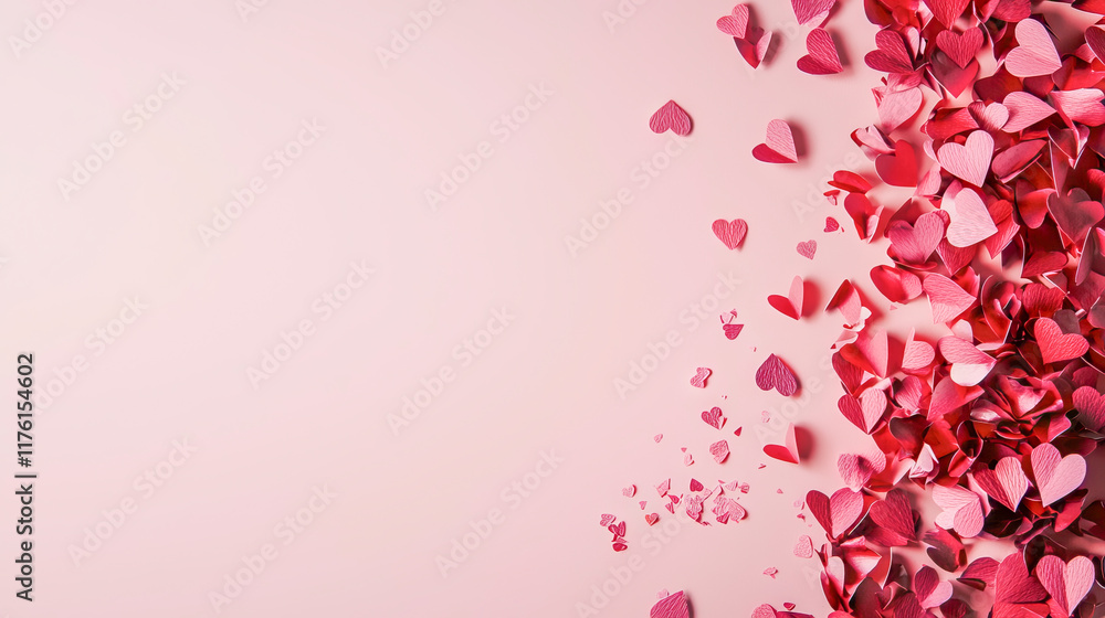 Minimalist Flat Lay of Red and Pink Paper Hearts Symbolizing Love and Romance on a Pastel Background. Valentine's Day. Copy space Minimalist Flat Lay of Red and Pink Paper Hearts Symbolizing Love and Romance on a Pastel Background. Valentine's Day. Copy space