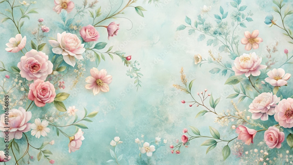 A delicate floral design in a repeating pattern on a light blue background with subtle texture and soft focus effect, floral wallpaper, pastel colors A delicate floral design in a repeating pattern on a light blue background with subtle texture and soft focus effect, floral wallpaper, pastel colors