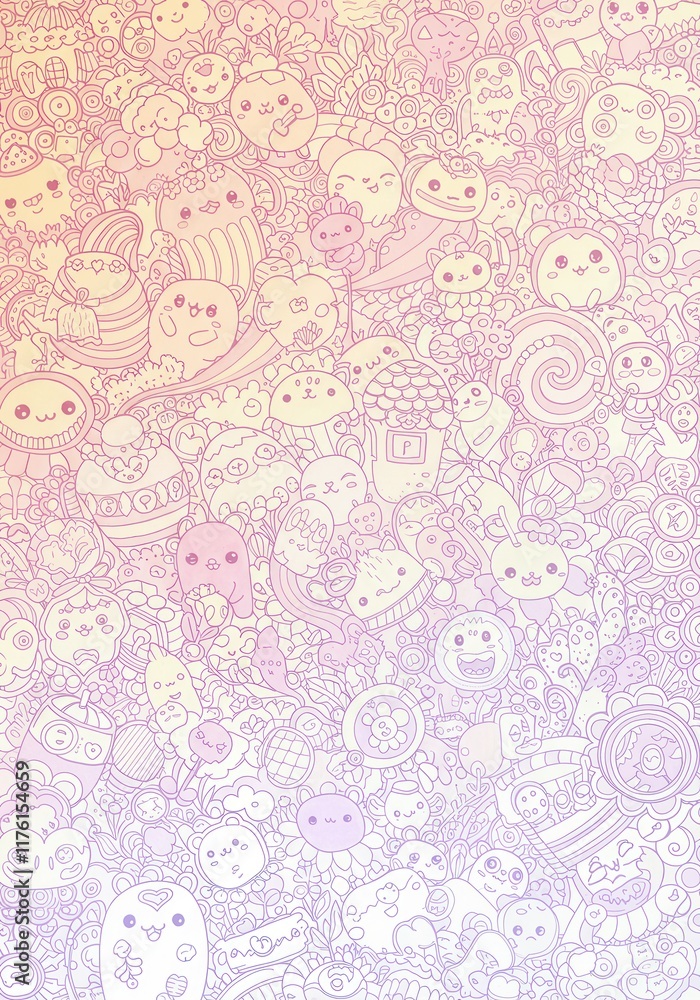 Fototapeta premium Colorful pastel doodle art with cute characters and abstract patterns