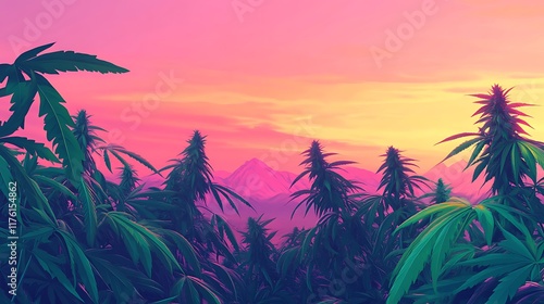 Generative AI illustration of vibrant cannabis plants with healthy green leaves in a vast field during sunset