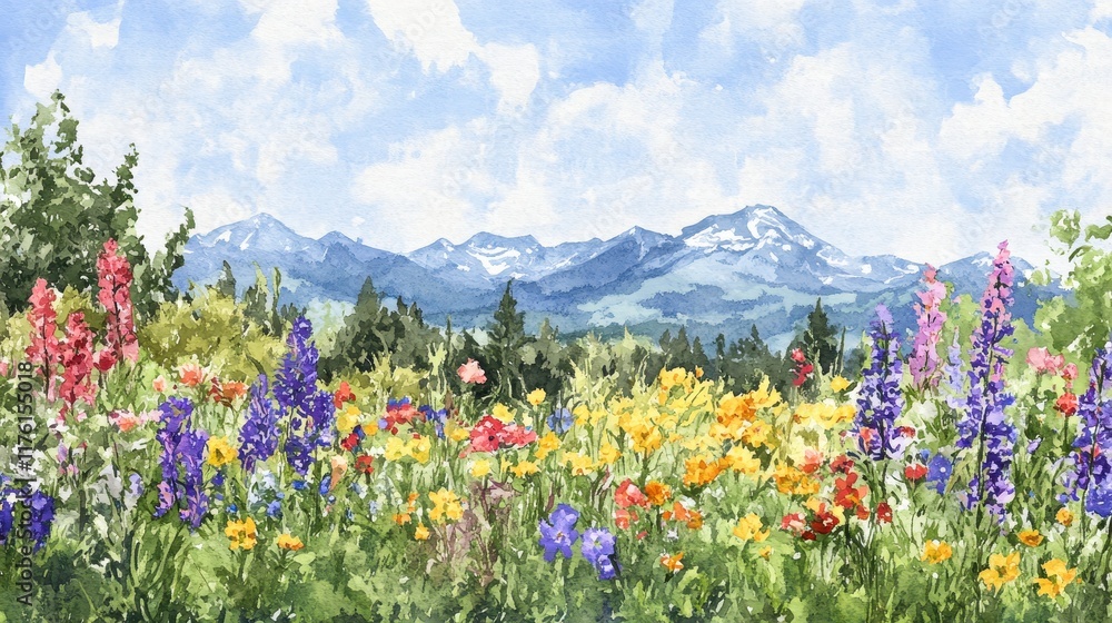 Fototapeta premium A painting of a field of flowers with mountains in the background