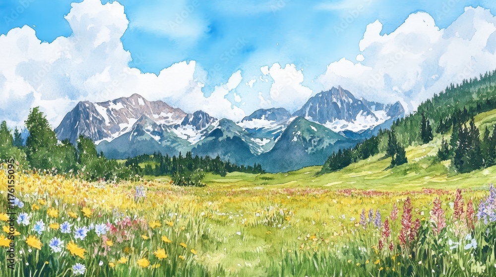 Fototapeta premium A painting of a field with mountains in the background