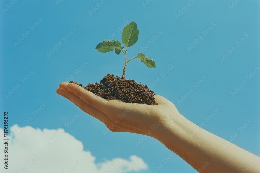 A hand holding a plant in a pot A hand holding a plant in a pot