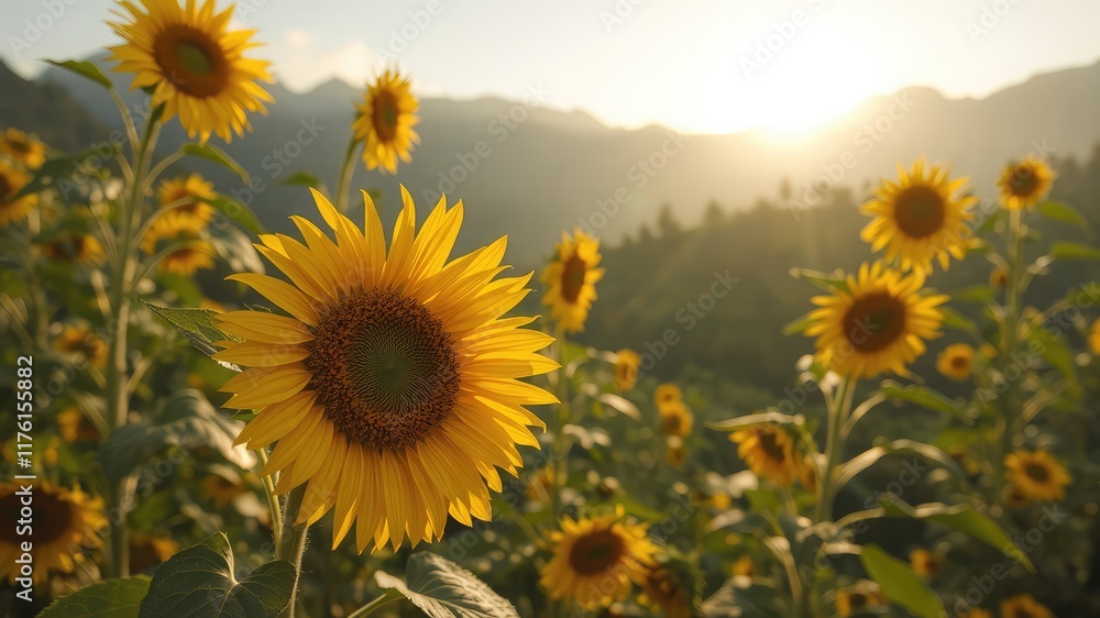Obraz premium Sunshine images, sunflower field in the morning