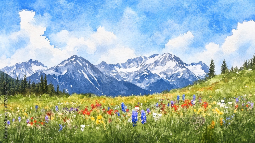 Fototapeta premium A field of flowers with mountains in the background