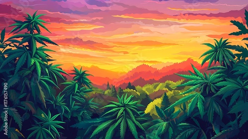 Green cannabis plants flourishing in a lush field beneath a colorful sunset sky