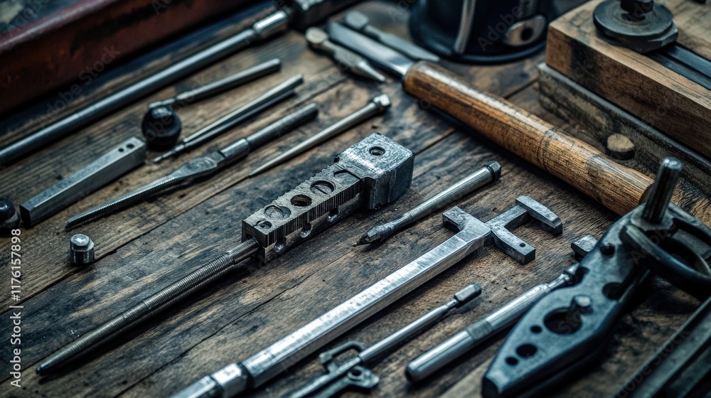 Close-Up View of Various Hand Tools and Metal Instruments Arranged on a Wooden Workbench with Dramatic Lighting for Craft and Repair Projects Close-Up View of Various Hand Tools and Metal Instruments Arranged on a Wooden Workbench with Dramatic Lighting for Craft and Repair Projects