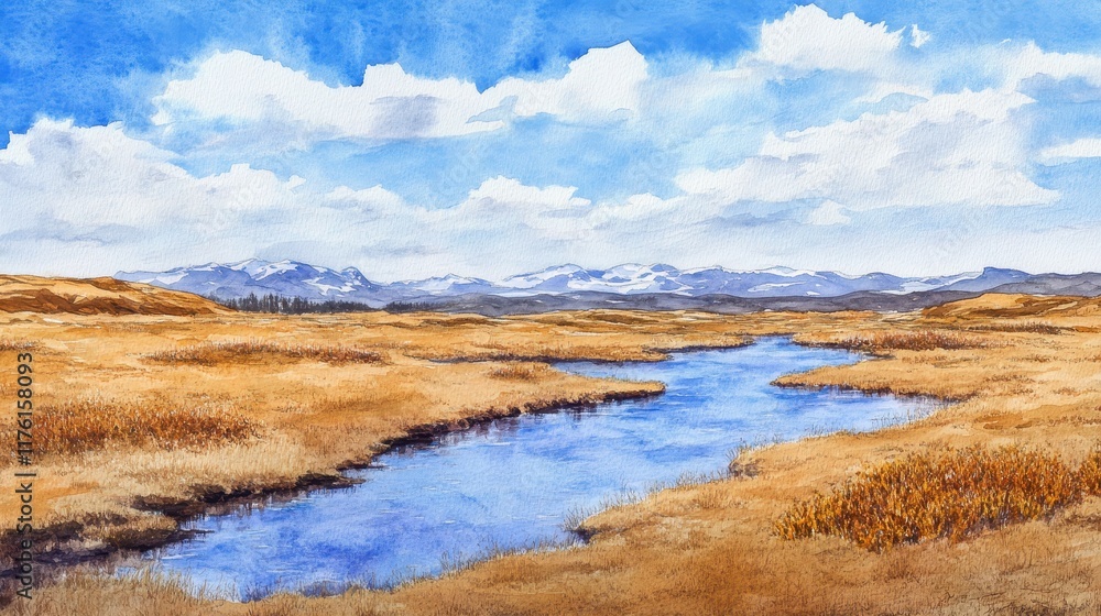 A painting of a river with mountains in the background A painting of a river with mountains in the background