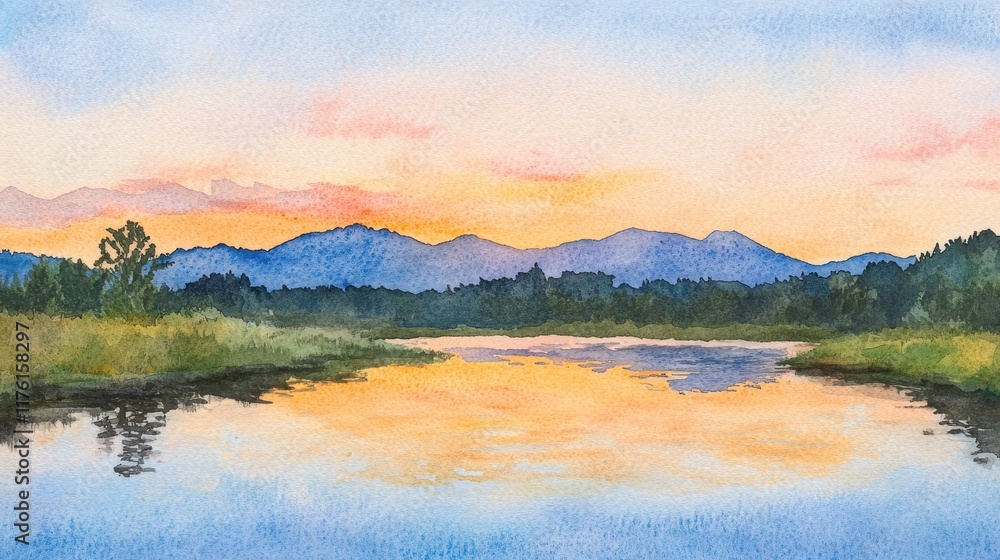 Fototapeta premium A painting of a lake with mountains in the background
