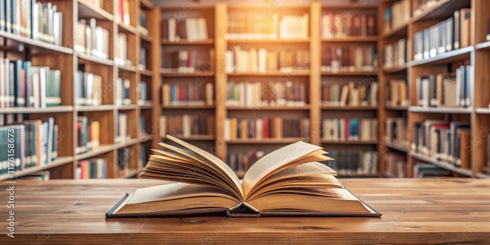 Bookshelf with a single book lying open on a wooden desk, library, book lover, library Bookshelf with a single book lying open on a wooden desk, library, book lover, library