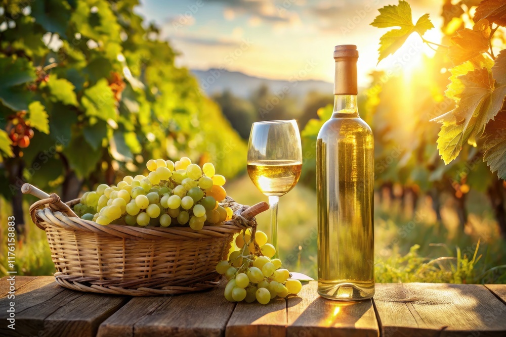 Fototapeta premium French Vineyard: Candid White Wine Bottle & Grapes Photo