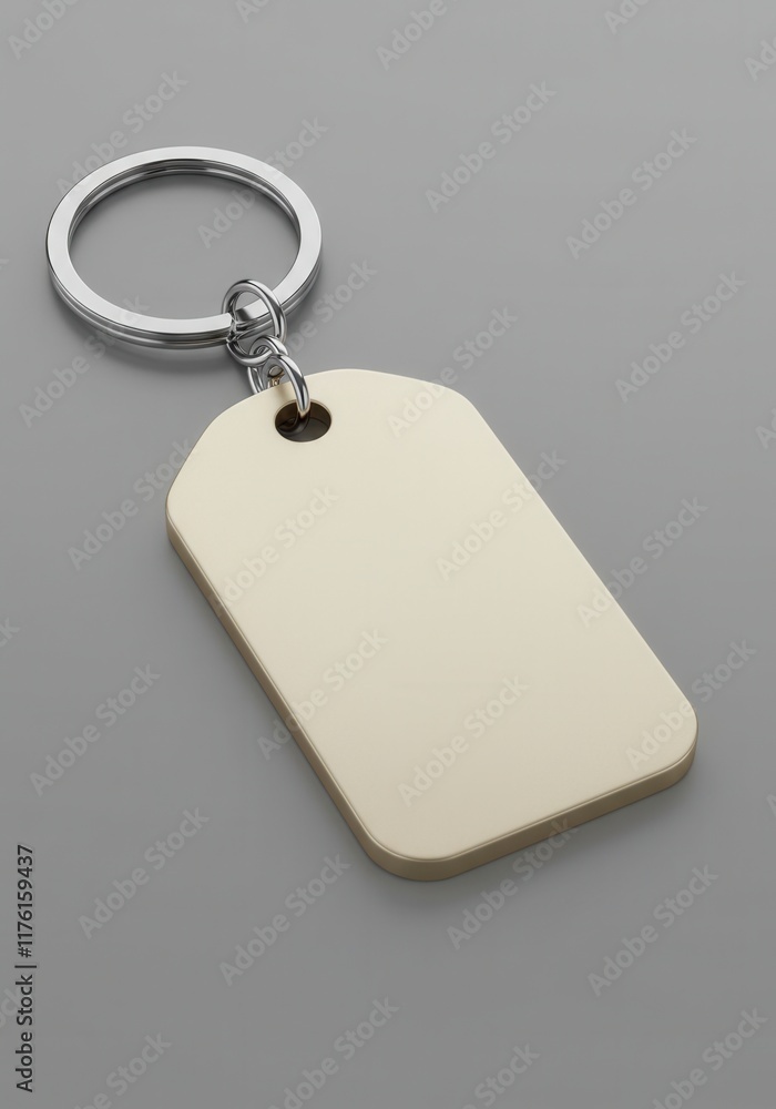 Fototapeta premium Minimalist blank keychain on grey surface with silver ring