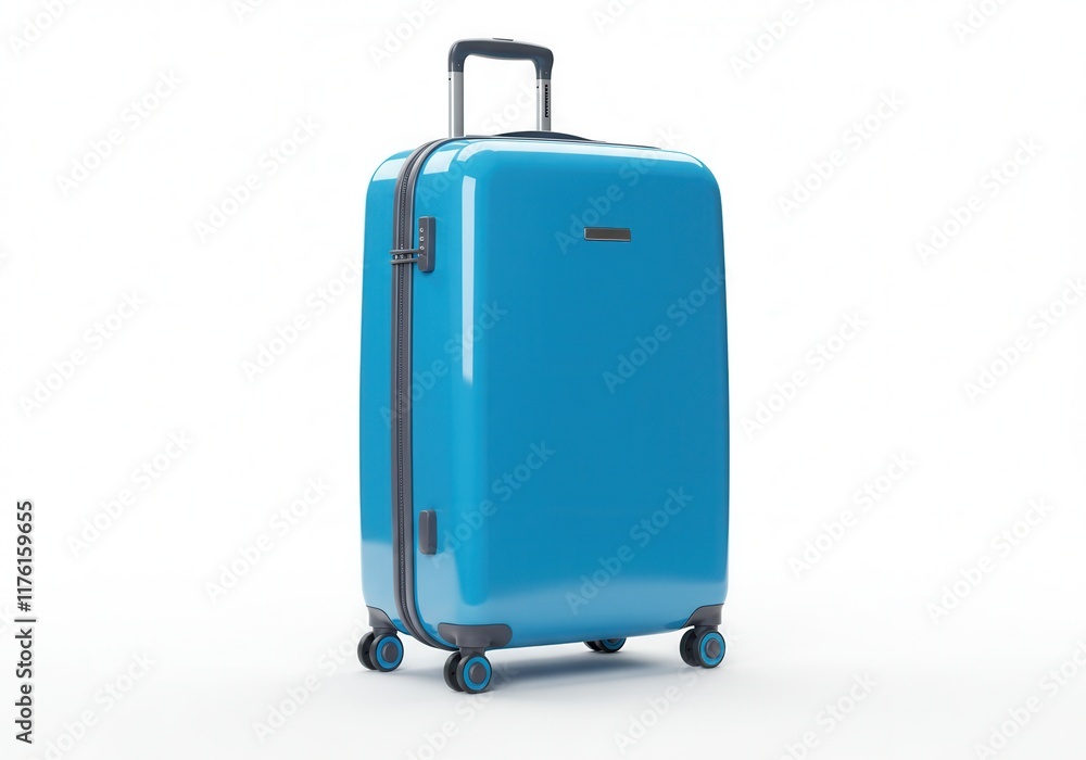 Sleek blue luggage with wheels on white background for travel and vacation themes Sleek blue luggage with wheels on white background for travel and vacation themes