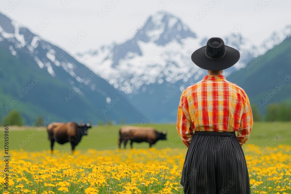 Biodiversity conservation concept. A person in traditional attire stands in a flower-filled field with cows and mountains in the background. Biodiversity conservation concept. A person in traditional attire stands in a flower-filled field with cows and mountains in the background.
