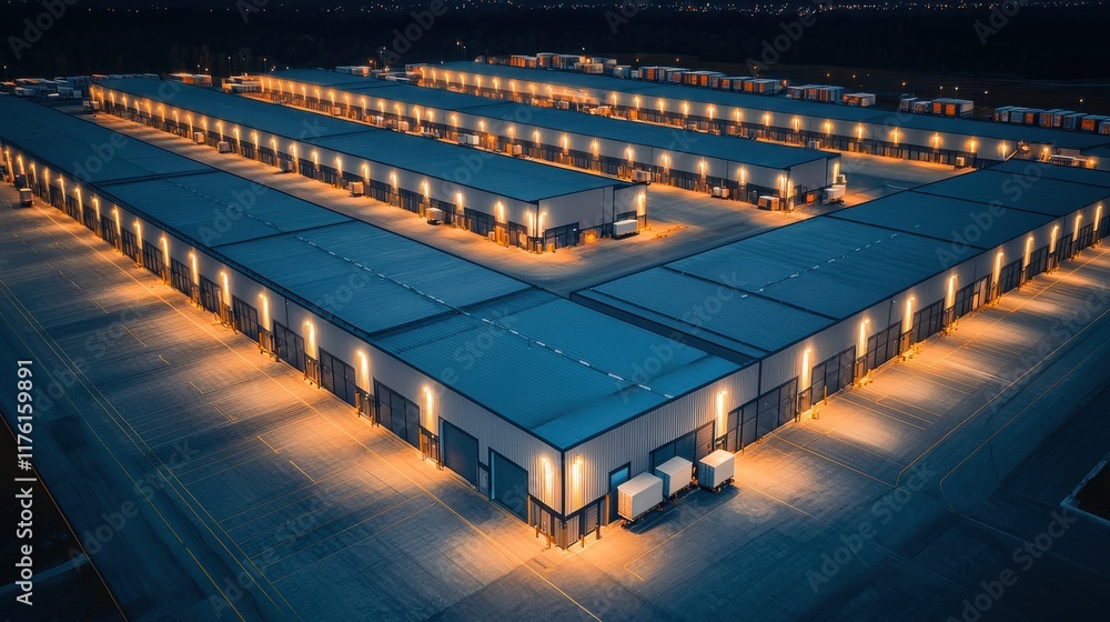 Naklejka premium Aerial view of illuminated warehouses at night, showcasing a structured layout with clear pathways and loading docks.
