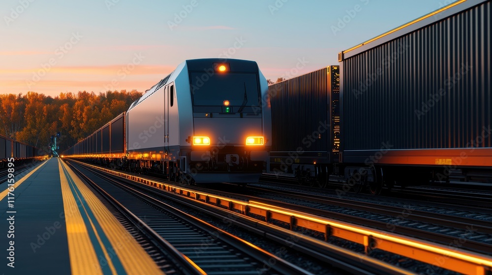 A sleek train approaches a quiet station during sunset, flanked by cargo containers, showcasing modern transportation against a serene backdrop. A sleek train approaches a quiet station during sunset, flanked by cargo containers, showcasing modern transportation against a serene backdrop.