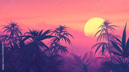 Generative illustration of cannabis plants growing in a lush field with a soft sunset backdrop