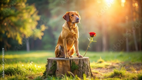 A Broholmer dog is shown sitting on a grassy field, its fur glistening in the sunlight as it carefully places a single red rose in front of a tree stump , dog, stump photo