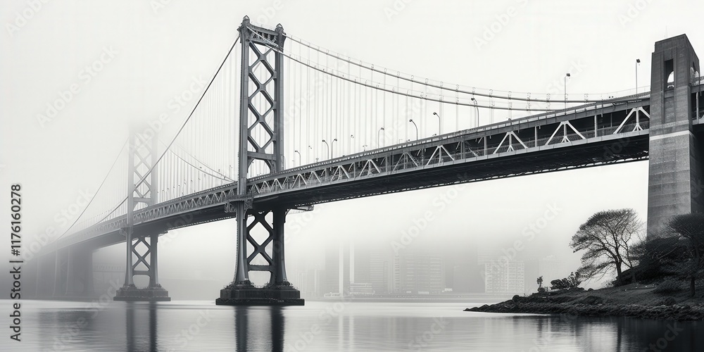 Fototapeta premium Foggy bridge cityscape, calm water, misty background; travel, landscape.