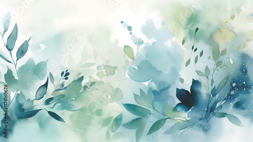 Abstract Watercolor Painting of Blue Green Floral Design