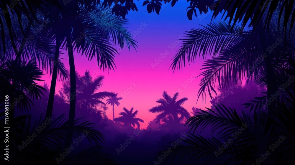 Obraz premium Vibrant sunset through tropical palm trees.