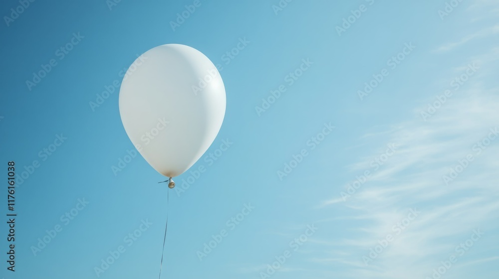 Obraz premium Single white balloon floats gently against a serene blue sky.
