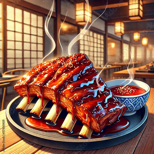 Grilled barbecue ribs with a savory and delicious soy sauce and tomato sauce against the backdrop of a cool and peaceful Japanese restaurant with an anime style image. photo