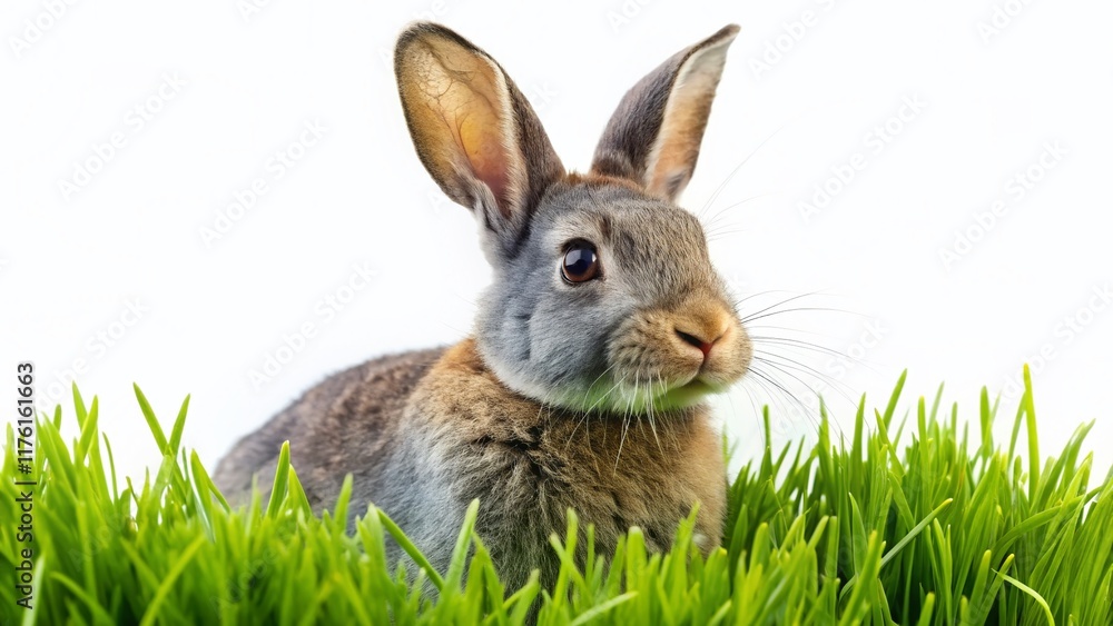 Fototapeta premium Adorable Gray Bunny Enjoying Fresh Green Grass - Cute Pet Stock Photo