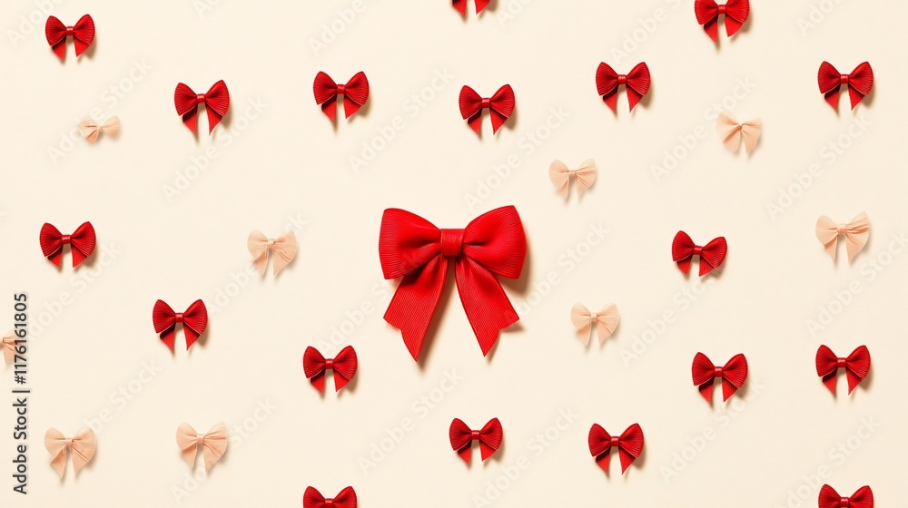 A pattern of red and beige bows on a light background. A pattern of red and beige bows on a light background.
