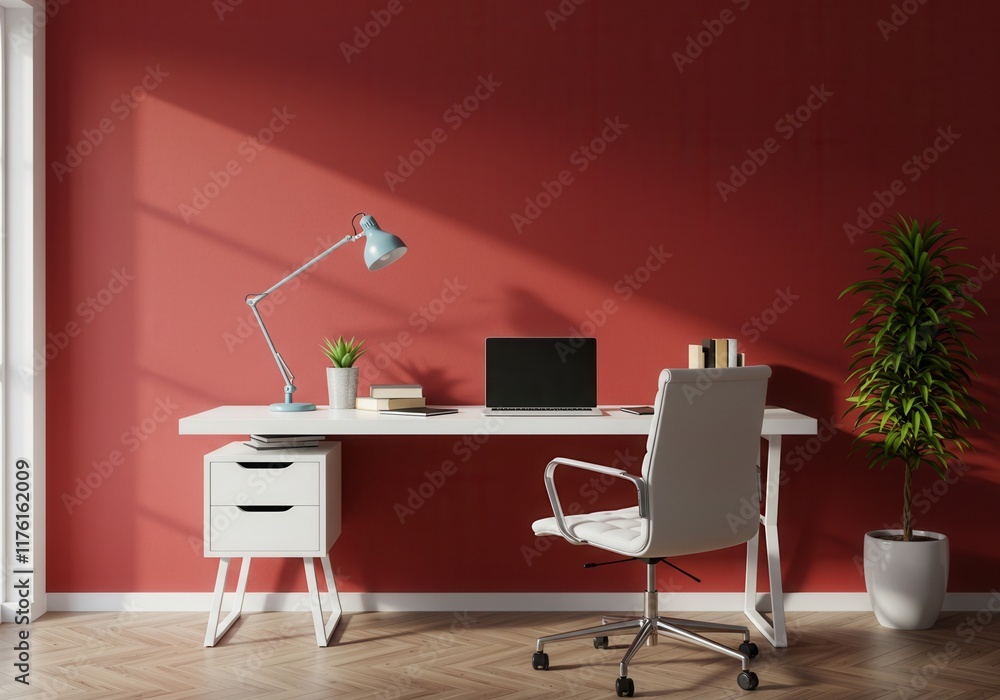 Fototapeta premium Modern minimalist workspace with red accent wall and natural light